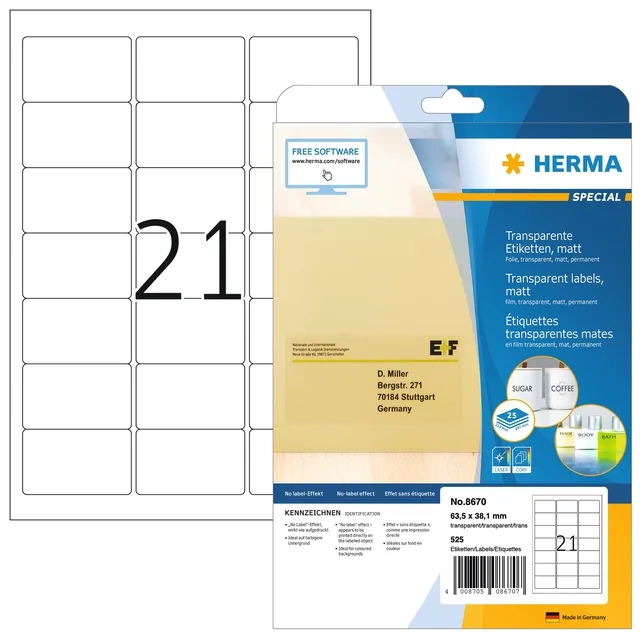 Etiket HERMA 8670 A4 63.5x38.1mm folie transp mat