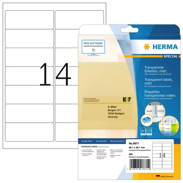 Etiket HERMA 8671 A4 99.1x38.1 folie transp mat