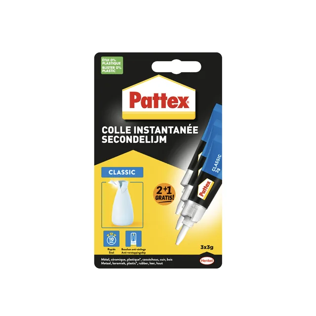 Secondelijm Pattex classic 3gr blister 2+1 gratis