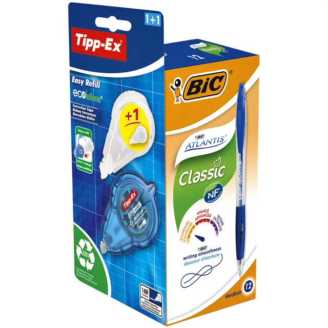 Balpen Bic Atlantis + gratis Tipp-ex easy M blauw