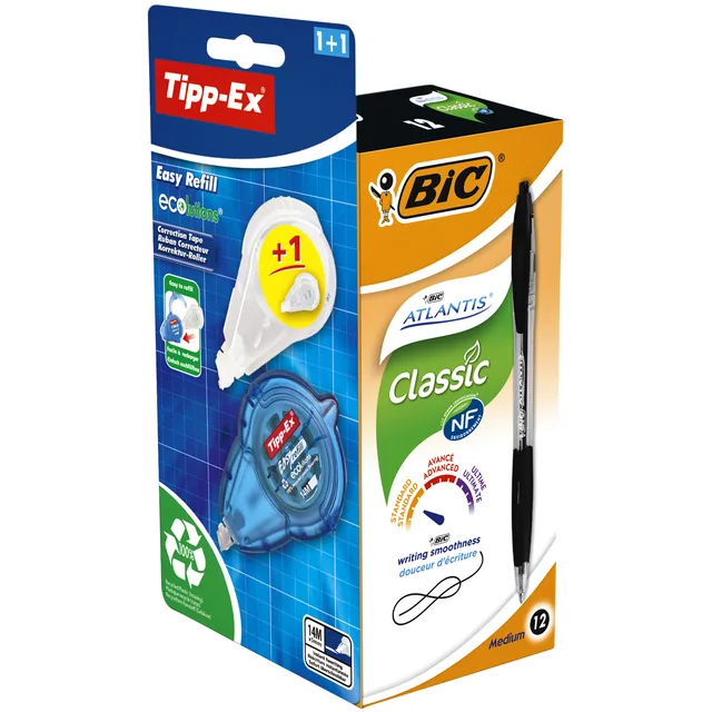 Balpen Bic Atlantis + gratis Tipp-ex easy M zwart