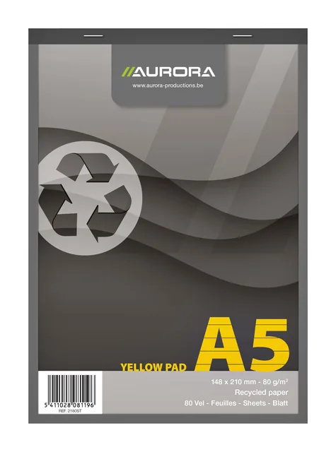 Schrijfblok Aurora A5 lijn 80vel 80gr geel