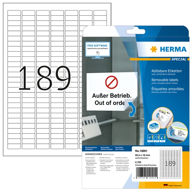 Etiket HERMA 10001 A4 25.4x10mm verw wit 4725st