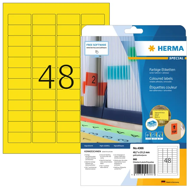 Etiket HERMA 4366 A4 45.7x21.2mm verwijderb geel