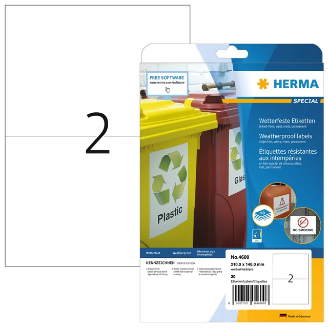 Etiket HERMA 4600 210x148mm A4 folie wit 20st