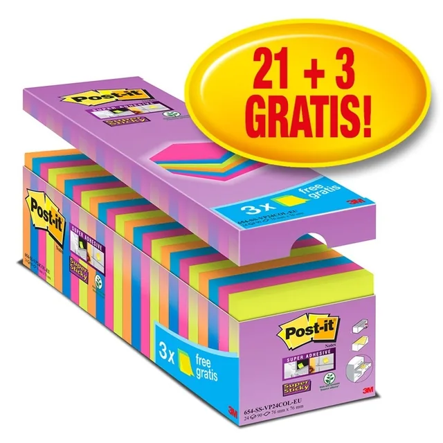 Memoblok Post-it 654 Super Sticky 76x76mm 21+3 ass