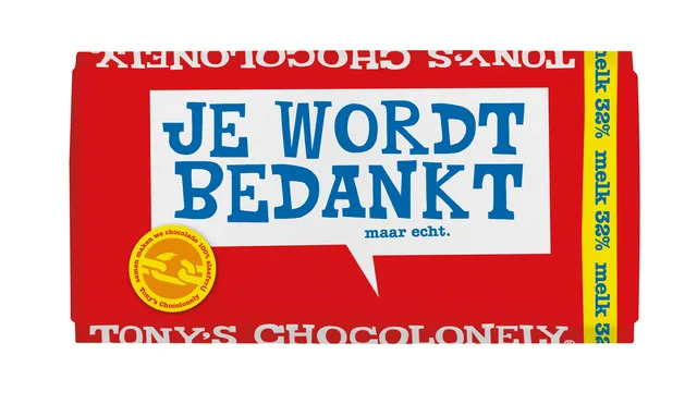 Chocolade Tony Chocolonely melk bedankt reep 180gr
