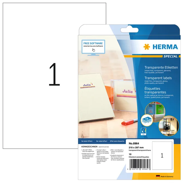 Etiket HERMA 8964 210x297mm 10st transp glanzend