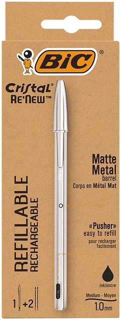 Balpen Bic Cristal Re-new 1 pen + 2 vull  M zwart