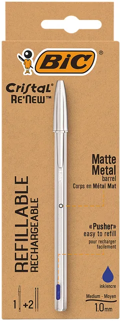 Balpen Bic Cristal Re-new 1 pen + 2 vull M blauw