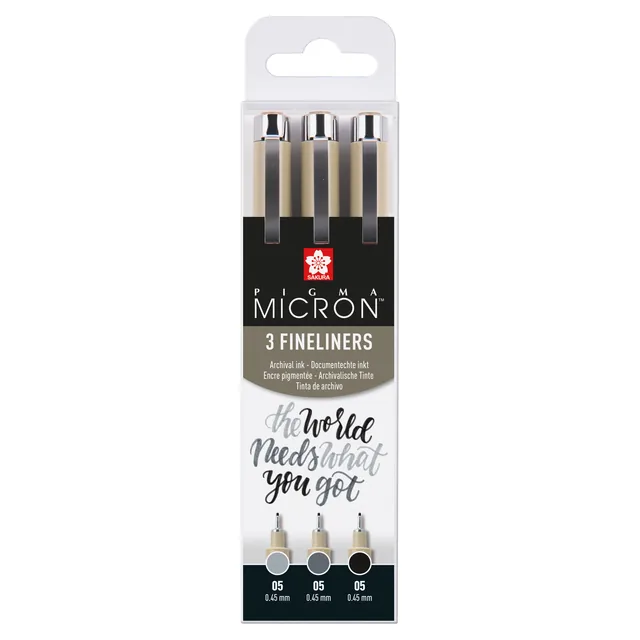 Fineliner Sakura Pigma Micron 05 set zw gr 3 maten