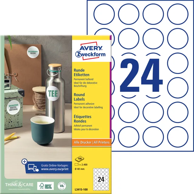 Etiket Avery L3415 rond 40mm wit 2400st