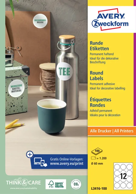 Etiket Avery L3416 rond 60mm wit 1200st