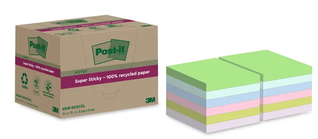 Memoblok Post-it 654 RSS12COL 76x76mm recy colour