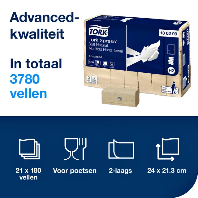 Handdoek Tork H2 Advanced 2laags 213x240mm naturel