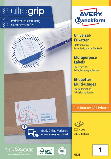 Etiket Avery 6135 210x145mm wit 200st