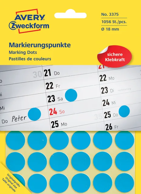 Etiket Avery 3375 rond 18mm blauw 1056stuks