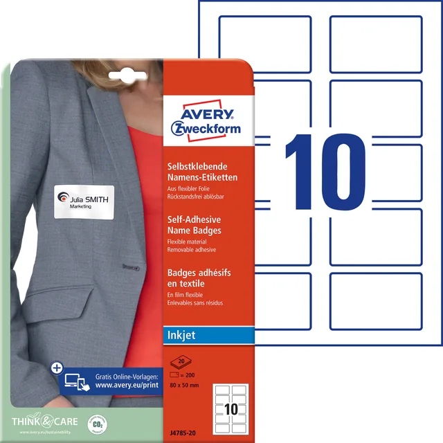 Badge Avery J4785-20 80x50mm wit 200st