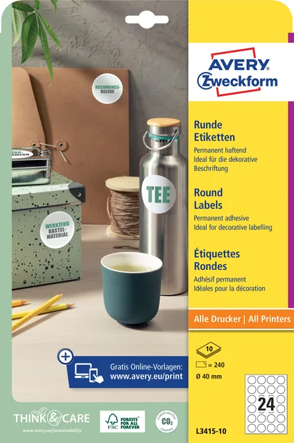 Etiket Avery L3415-10 rond 40mm wit 240st