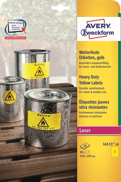 Etiket Avery L6111-20 210x297mm geel 20st