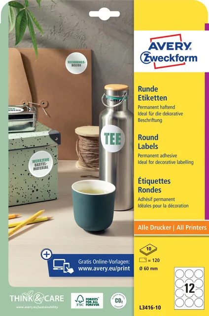 Etiket Avery L3416-10 rond 60mm wit 120st