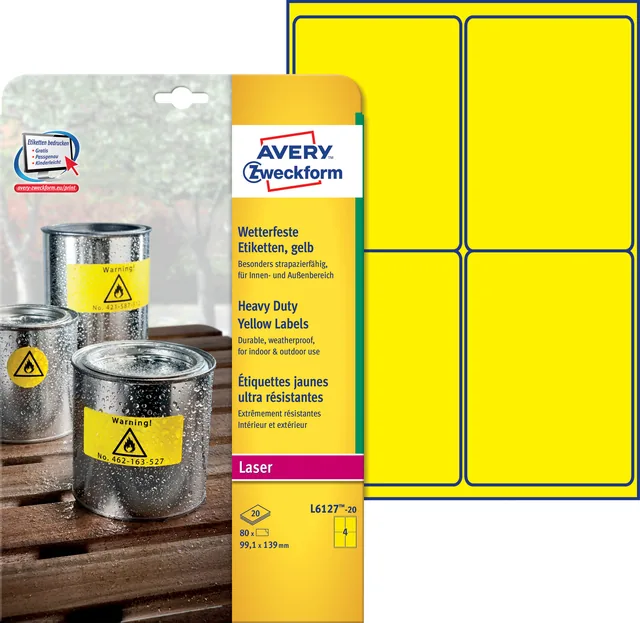 Etiket Avery L6127-20 99.1x139mm geel 80st