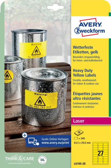 Etiket Avery L6105-20 63.5x29.6mm geel 540st