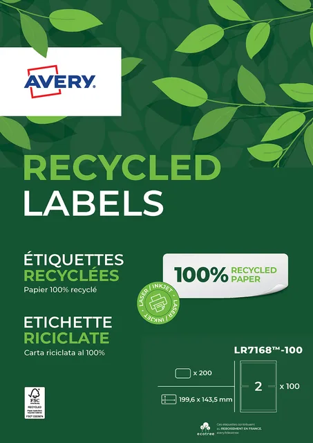 Etiket Avery LR7168 199.6x143.5 recycled wt 200st