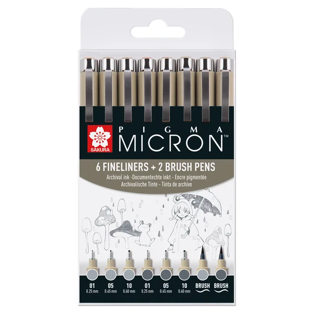 Fineliner Sakura PM 6 breedtes en 2 brushpen grijs