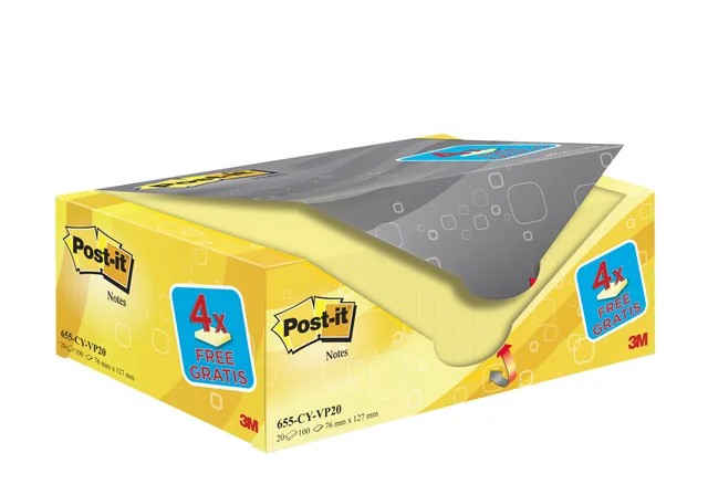 Memoblok 3M Post-it 655 76x127mm geel 16+4 gratis