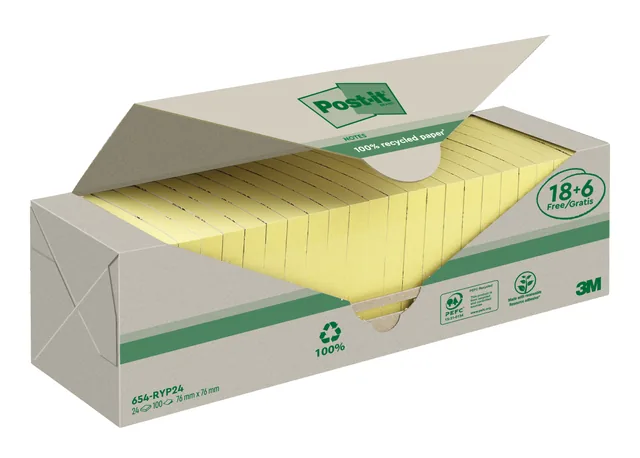 Memoblok 3M Post-it 654 76x76mm recycle geel 18+6