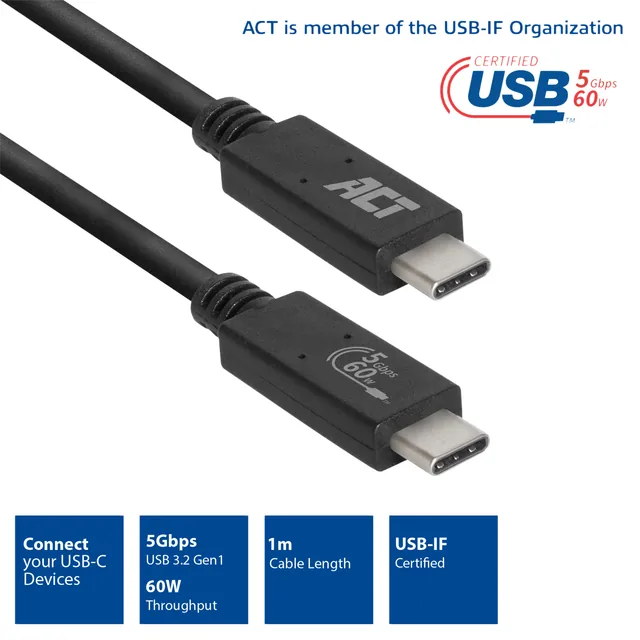 Kabel ACT USB 3.2 USB-C USB-IF gecert. 1 meter