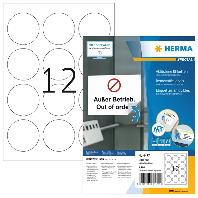 Etiket HERMA 4477 60mm verwijderbaar wit 1200st