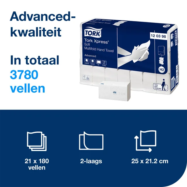 Handdoek Tork H2 Advanced 2laags 212x255mm wit