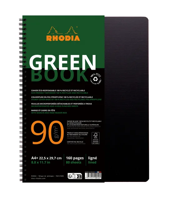 Notbk Rhodia Greenbook A4+ lijn 4-g 180pag zwart