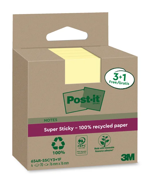 Memoblok 3M Post-it 654 RSSCOL 76x76mm geel 3+1