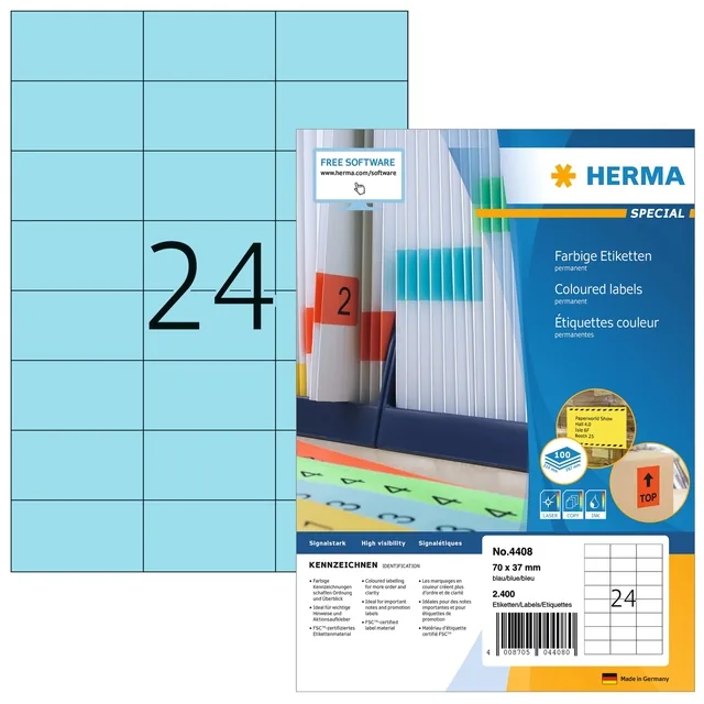 Etiket HERMA 4408 70x37mm blauw 2400st