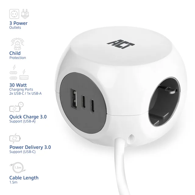 Stekkerblok ACT 3vdig incl 2x USB C/A wt/gs
