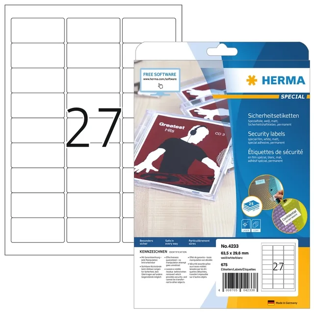 Veiligheidsetiket HERMA 4233 63.57x29.6mm wt 675st