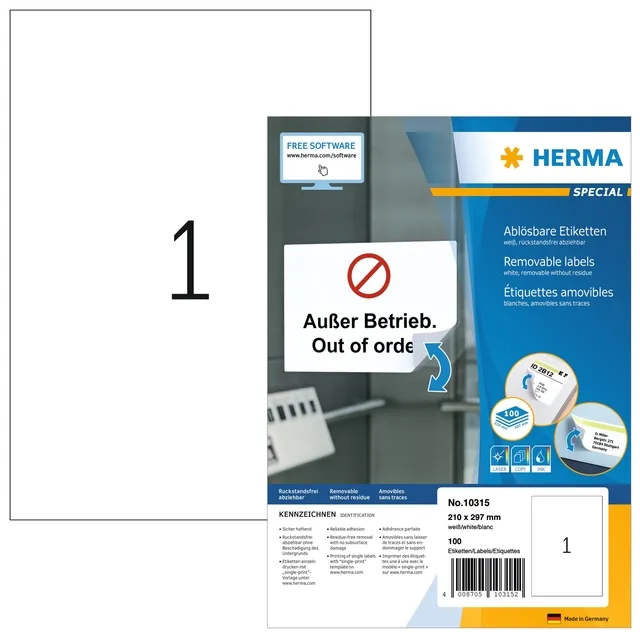 Etiket HERMA 10315 210x297mm verwijderb wit 100st
