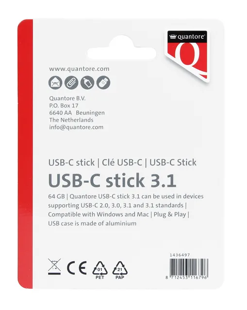 USB stick 3.1 Quantore USB-C 64GB zilver