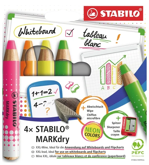 Whiteboardpotlood STABILO MARKdry 4st neon kleuren