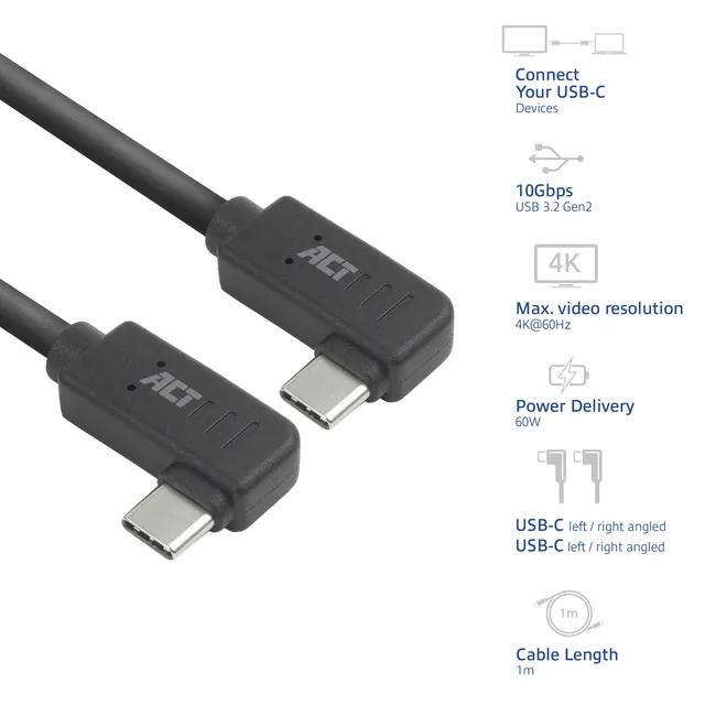Kabel ACT USB-C hoek links/rechts 10Gbps 1m