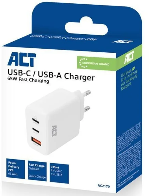 Oplader ACT 65W 3poorts USBC USBA PD QC Ganfast