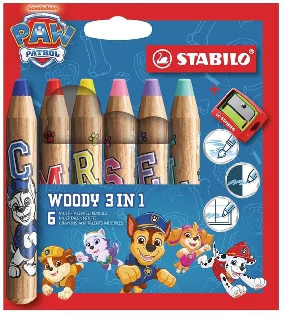 STABILO woody 3in1 6 st. etui + p.slijp PAW Patrol