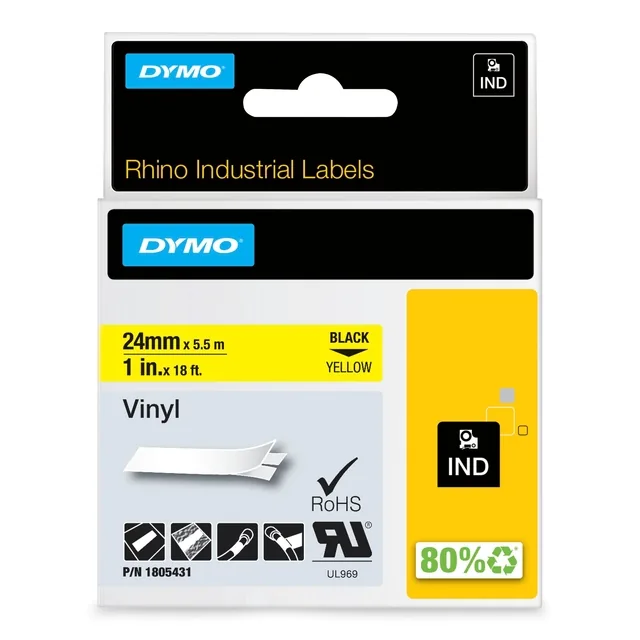 Labeltape Dymo Rhino industrieel vinyl 24mm geel