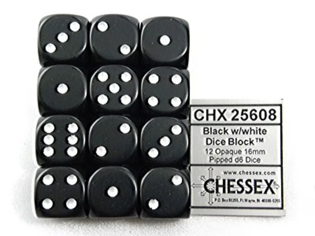 Dobbelsteen Chessex Black/white D6 set à 12 stuks