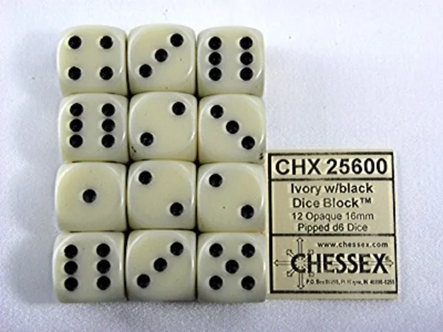 Dobbelsteen Chessex Ivory/black D6 set à 12 stuks
