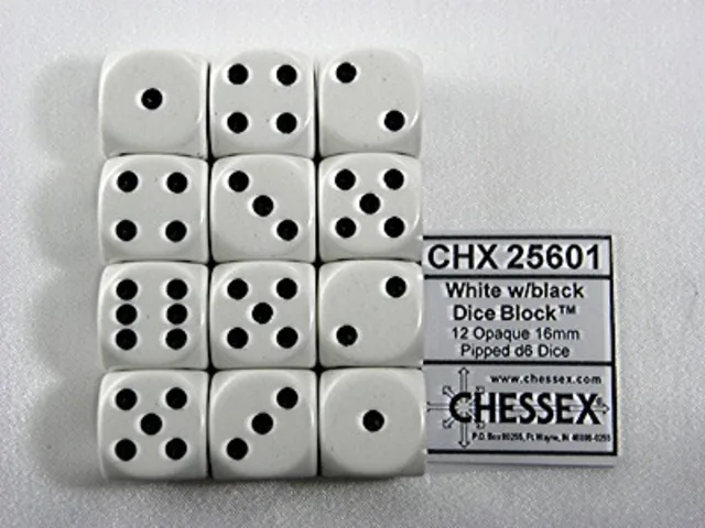 Dobbelsteen Chessex White/black D6 set à 12 stuks