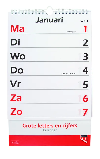 Kalender 2027 met grote letters En cijfers Qua